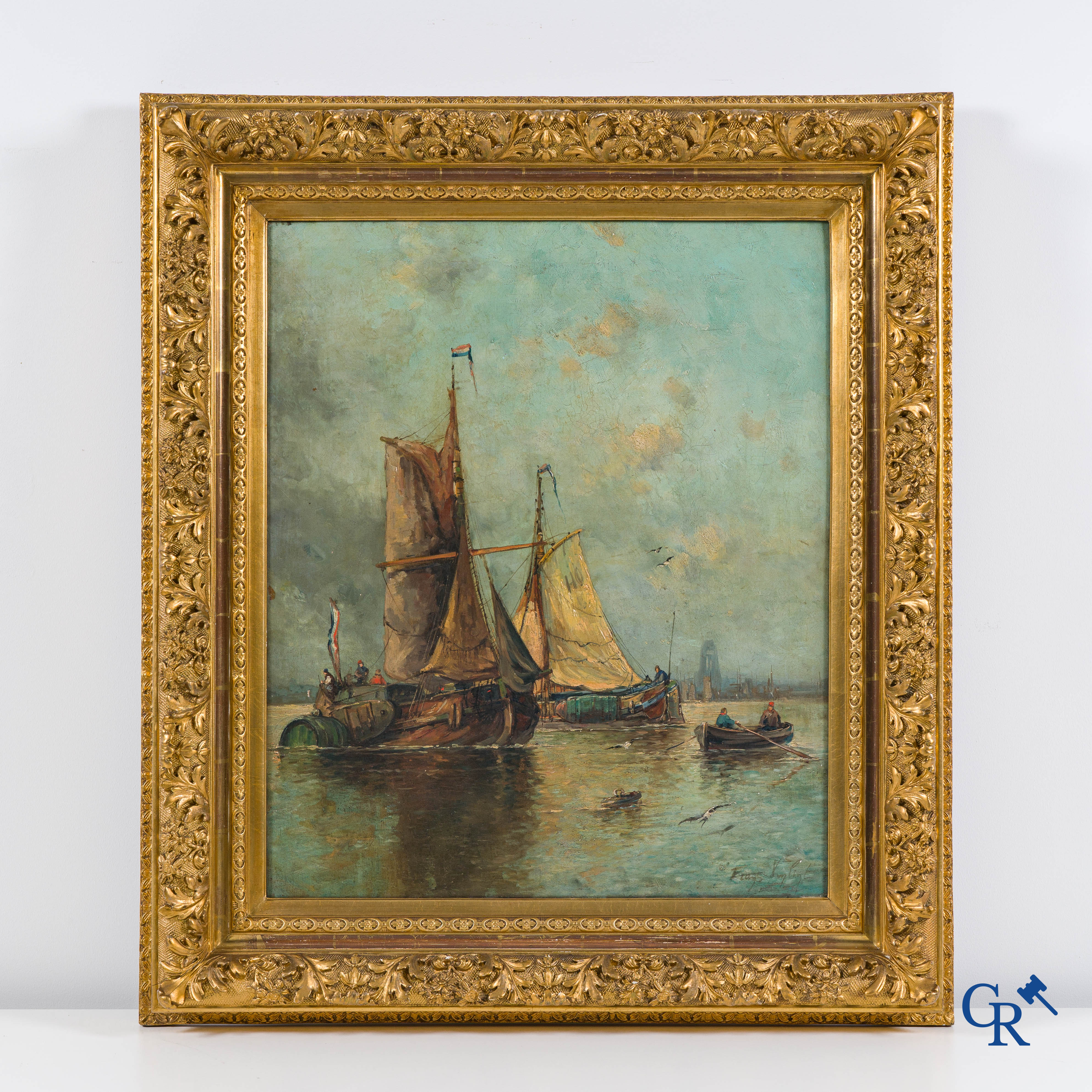 Frans Van Lint. Marine. Oil on canvas in a beautifully gilded frame.