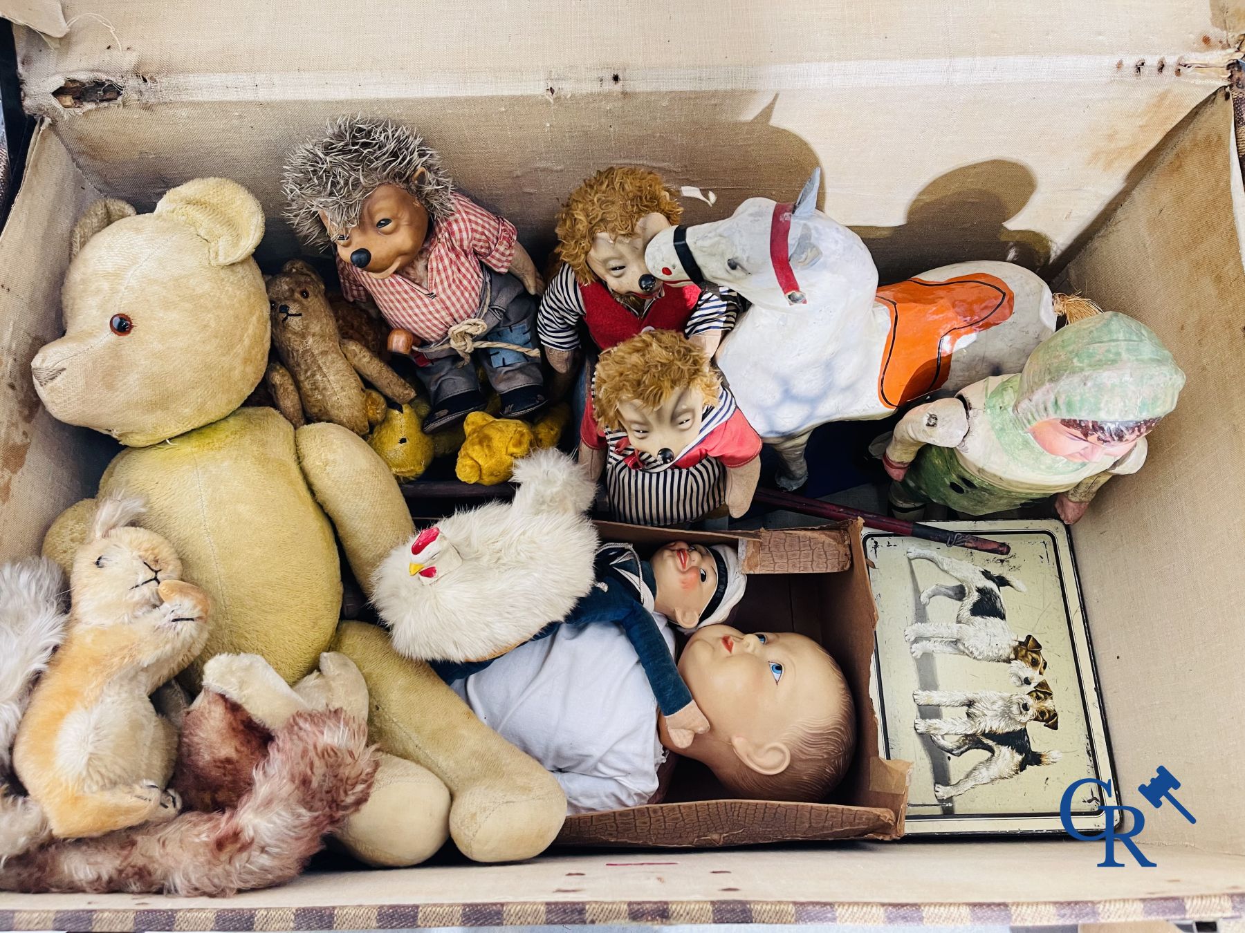 Toys: Travel suitcase filled with toys, an antique stroller and others.