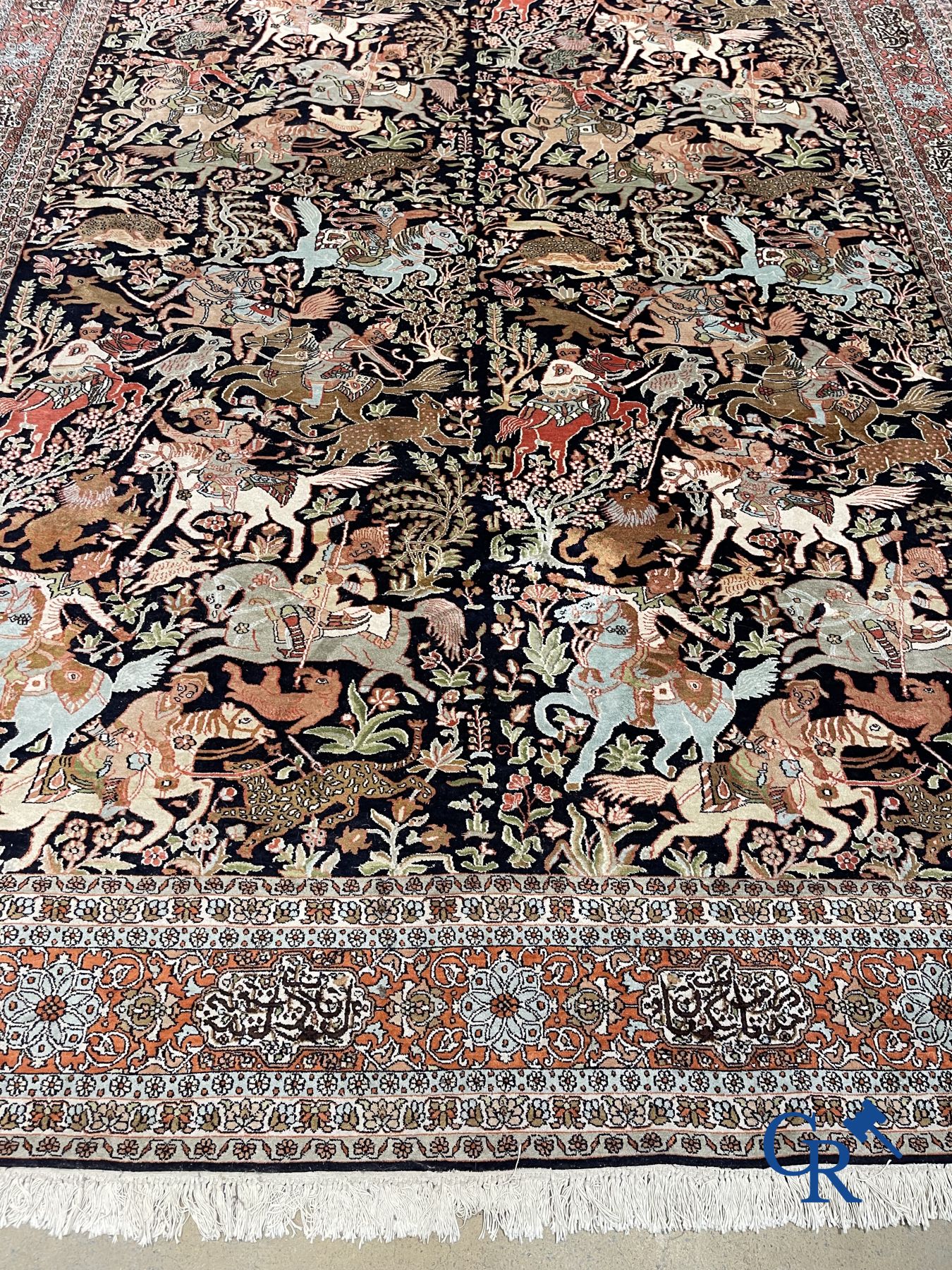 Carpets: Ghoum: Large silk carpet with hunting scenes. Wool and silk.