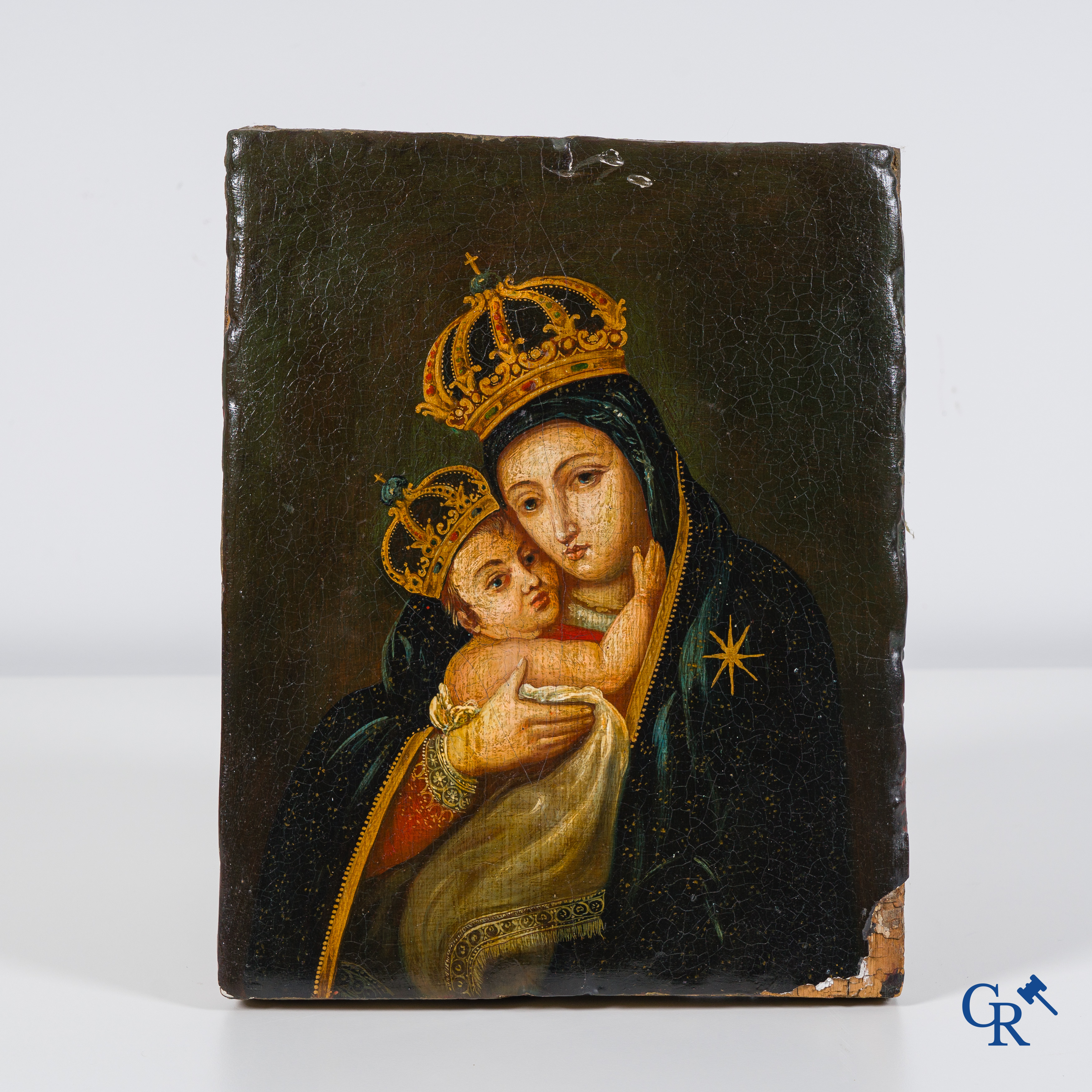 Religious painting: Mary with Child (crowned) Oil on panel. 18th century.