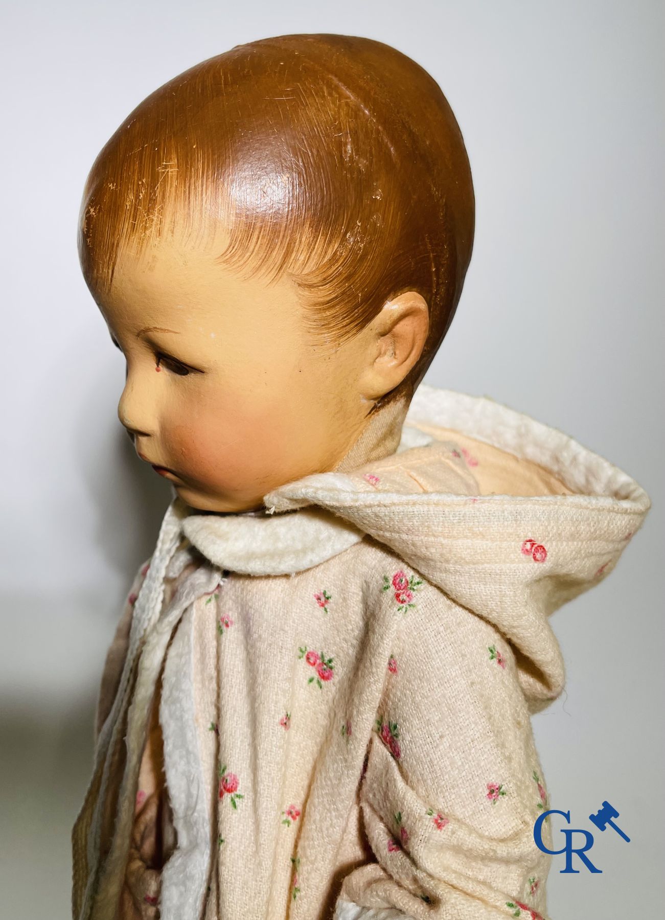 Toys: antique dolls: a lot of 6 dolls with a miniature grocery store attached.