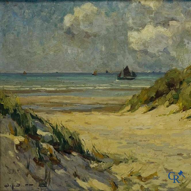 Pierre Joseph Dutillieu (1876-1960) Strandzicht met boten. Olie op doek.