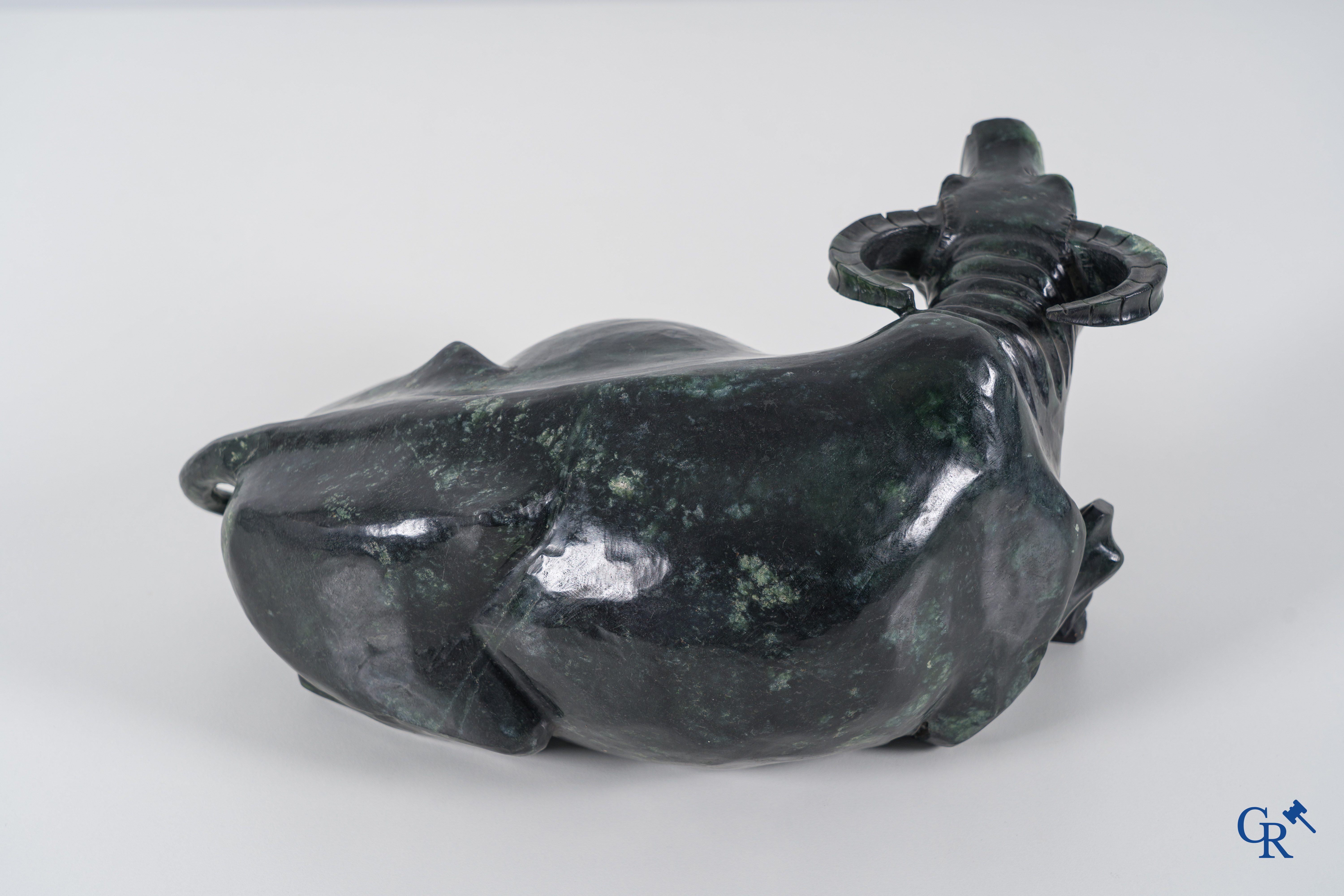 Asian Art: A Chinese water buffalo and a standing Guanyin in Jadeite. 2nd half of the 20th century.