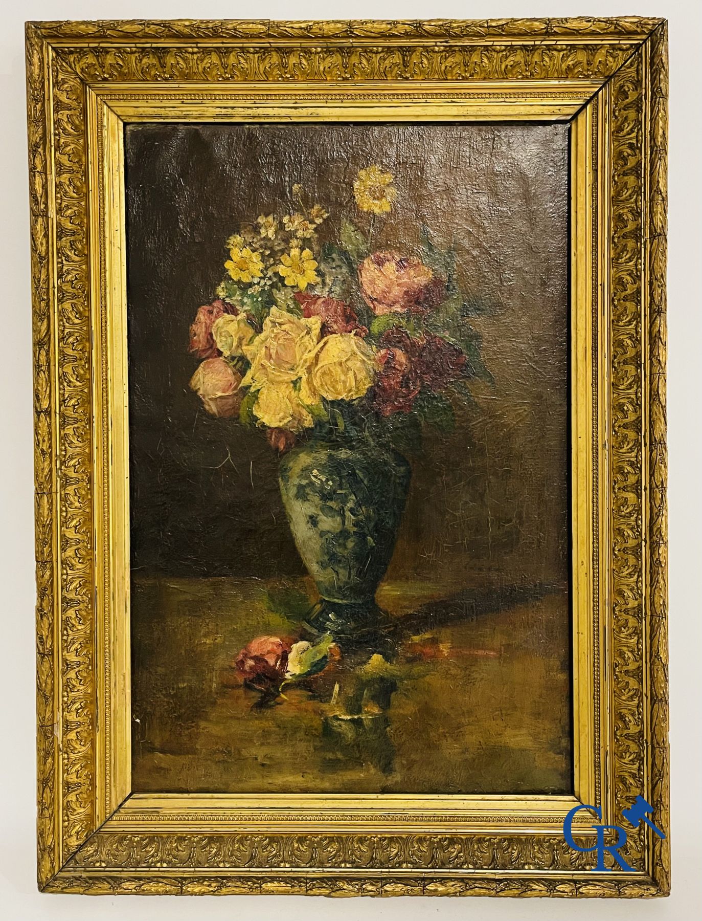 Peintures: 2 peintures huile sur toile. Chasse au sanglier et une nature morte florale.