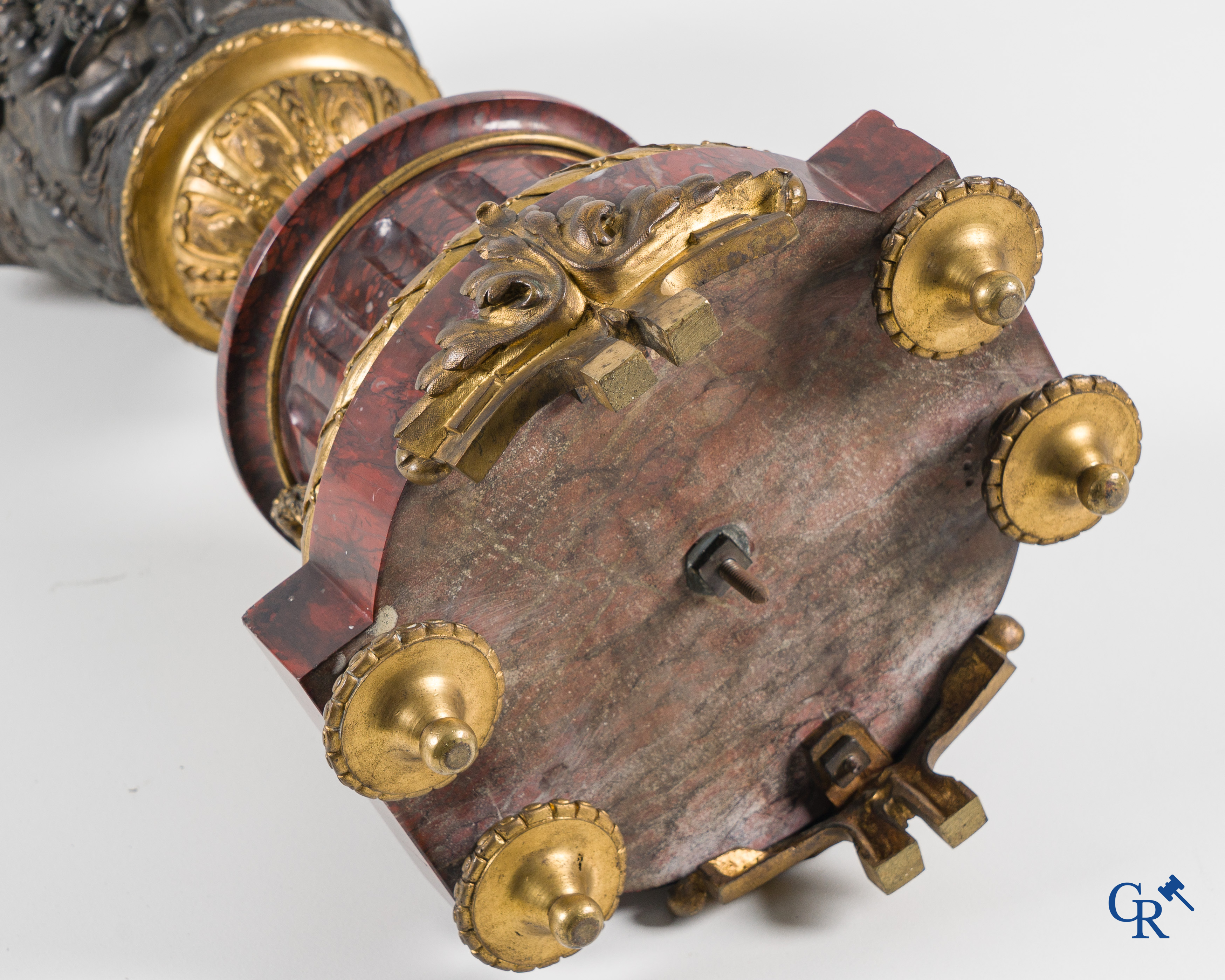 Charpentier à Paris, An imposing 3-piece fireplace clockset in gilded and patinated bronze. Late 19th century.