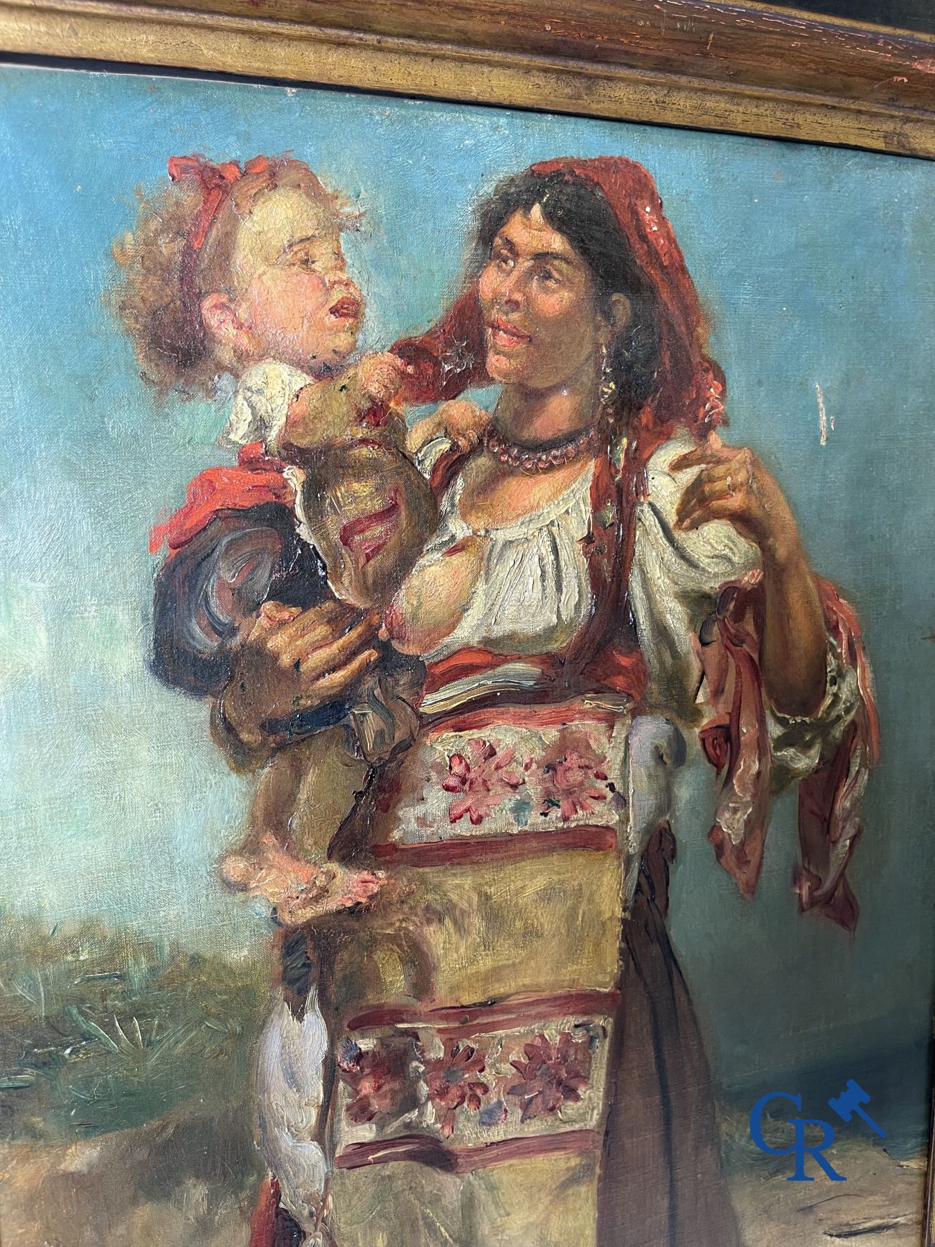 Painting: oil on canvas, illegibly signed. Gypsy woman with child.