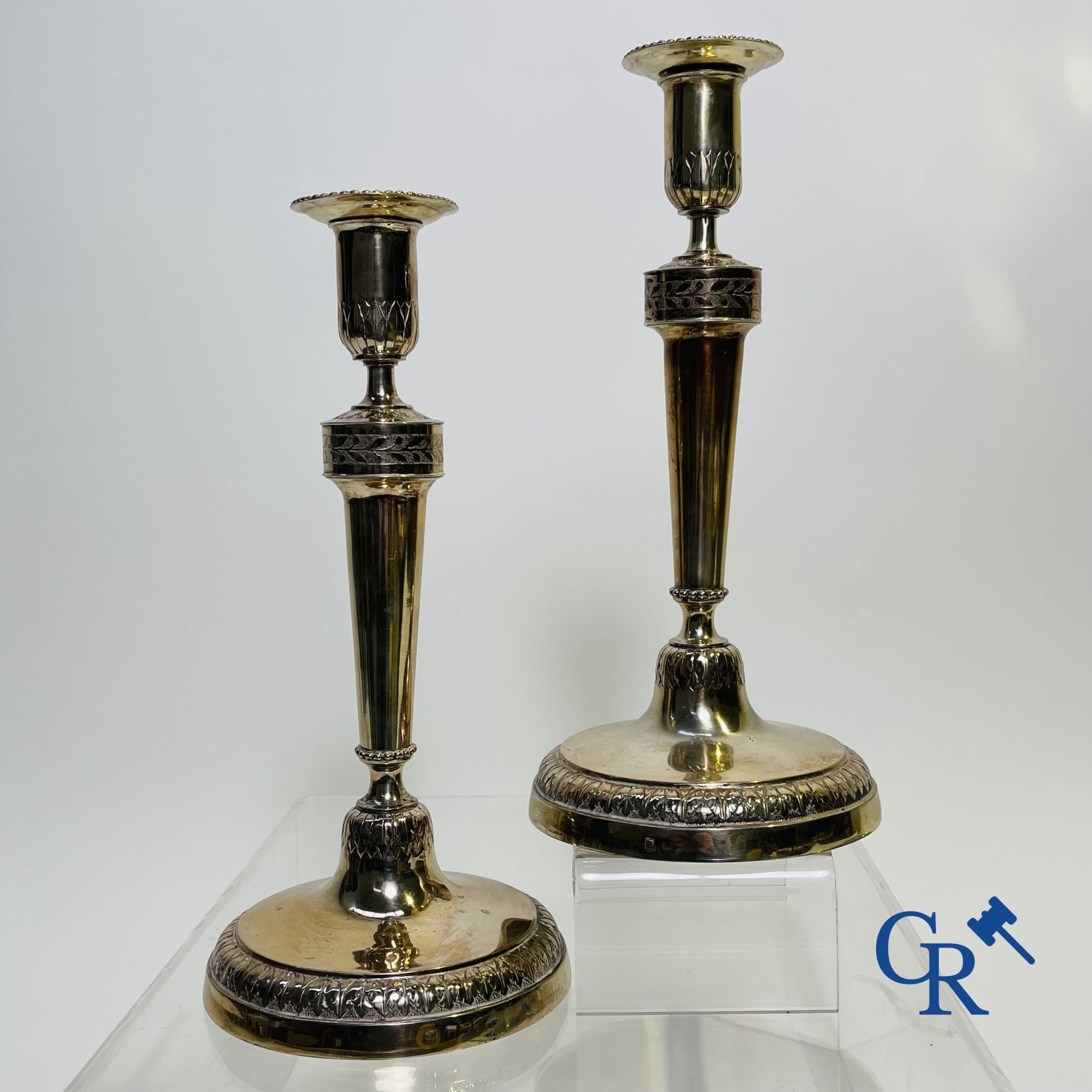 Silver: Pair of silver candlesticks probably Namur, Jean-Baptiste Fallon.