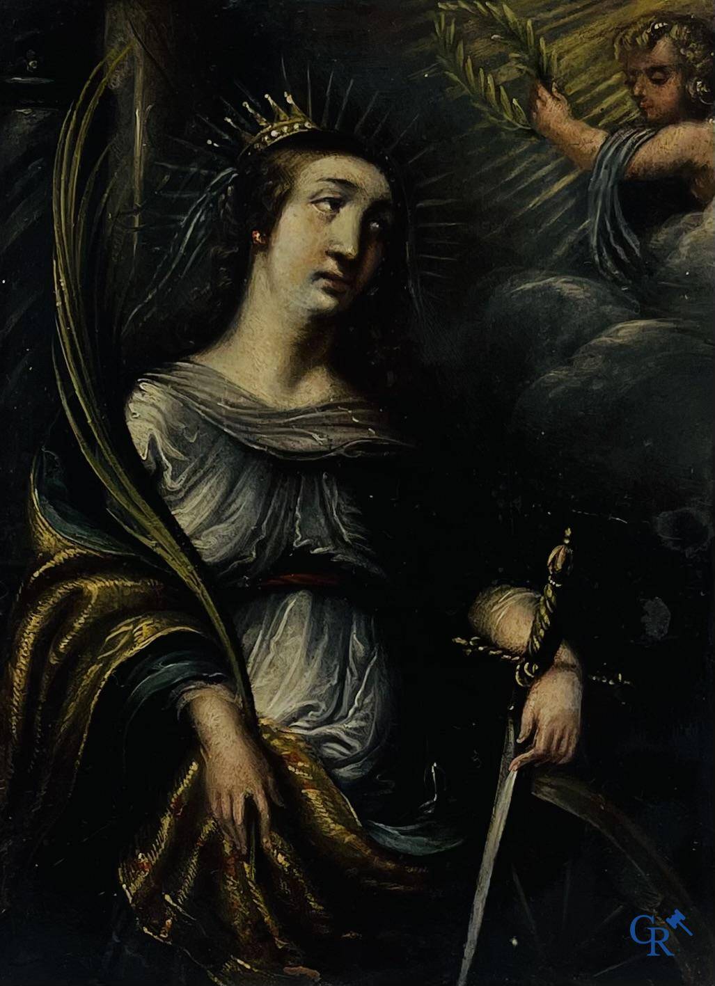 Schilderij, olie op koper van de heilige Sint Catharina van Alexandrië. 17e-18e eeuw.