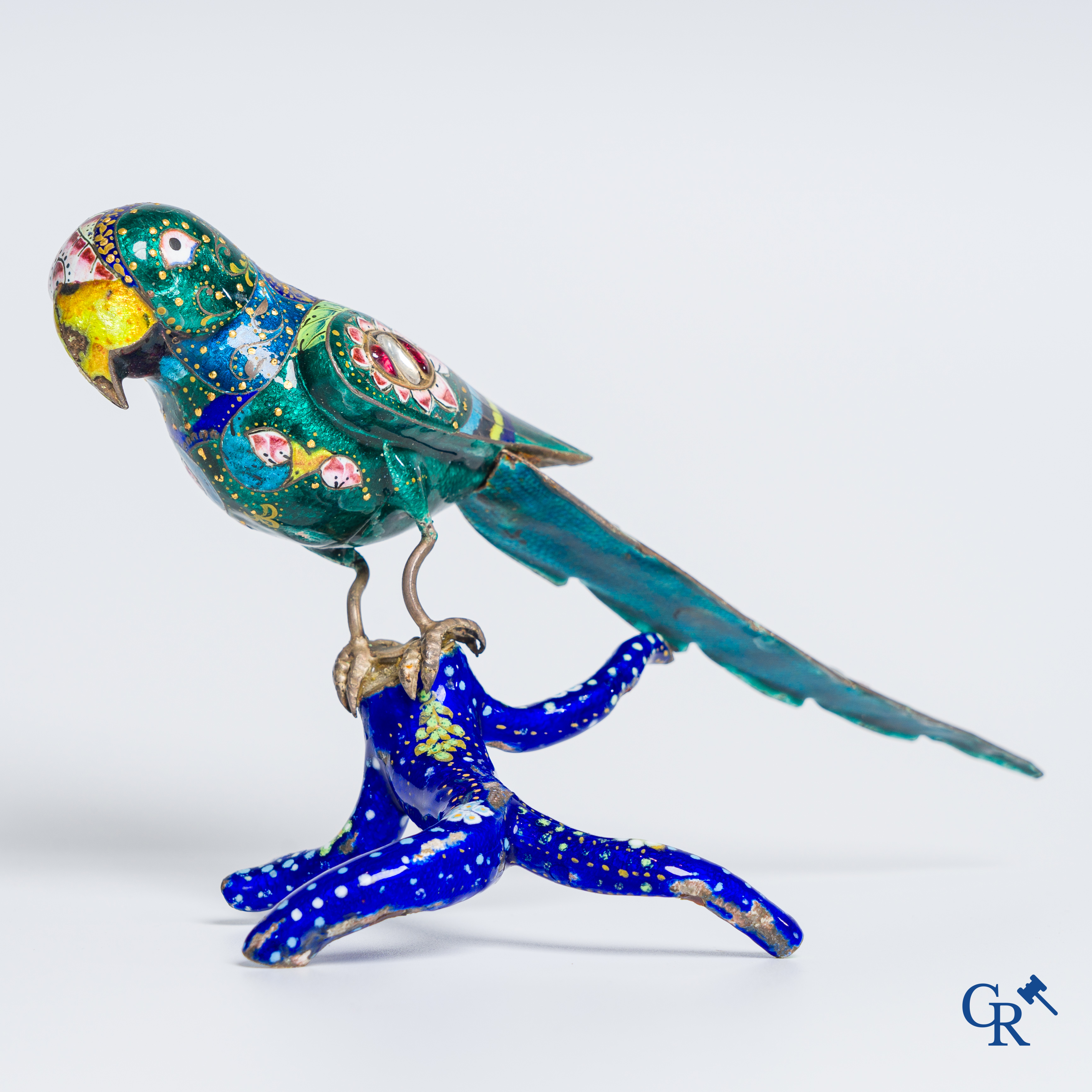 North India: Enameled parrot set with gemstones/rubis. 19th century.