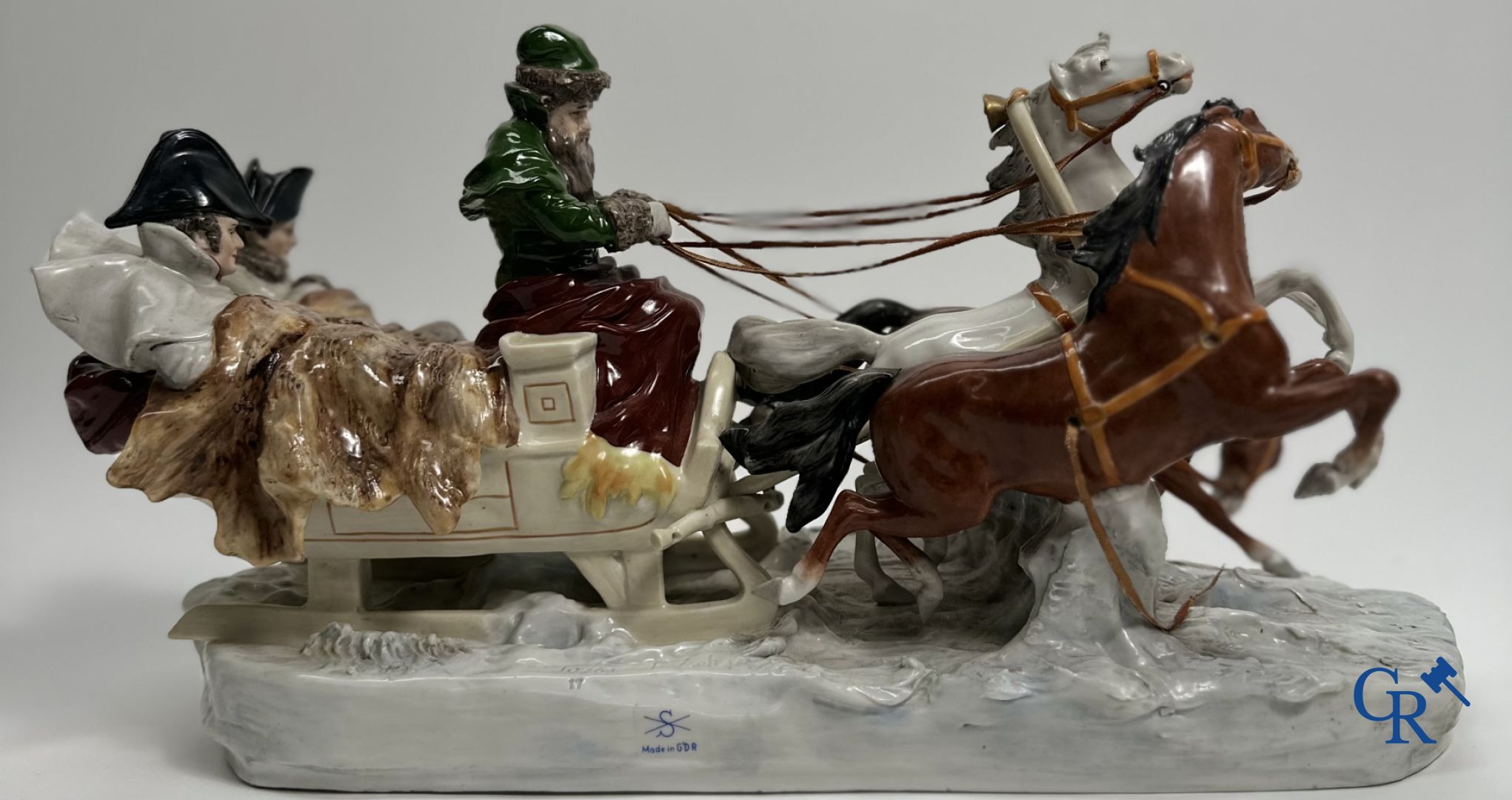 Group in Saxon porcelain: Napoleon flees Russia by Troika.