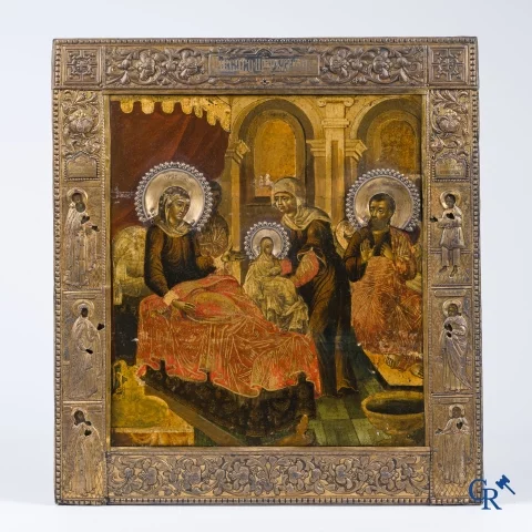 Russisch werk. De geboorte van Jezus. Grote Russische icoon met zilver oklad. Zilvergehalte 84 en gedateerd 1883.